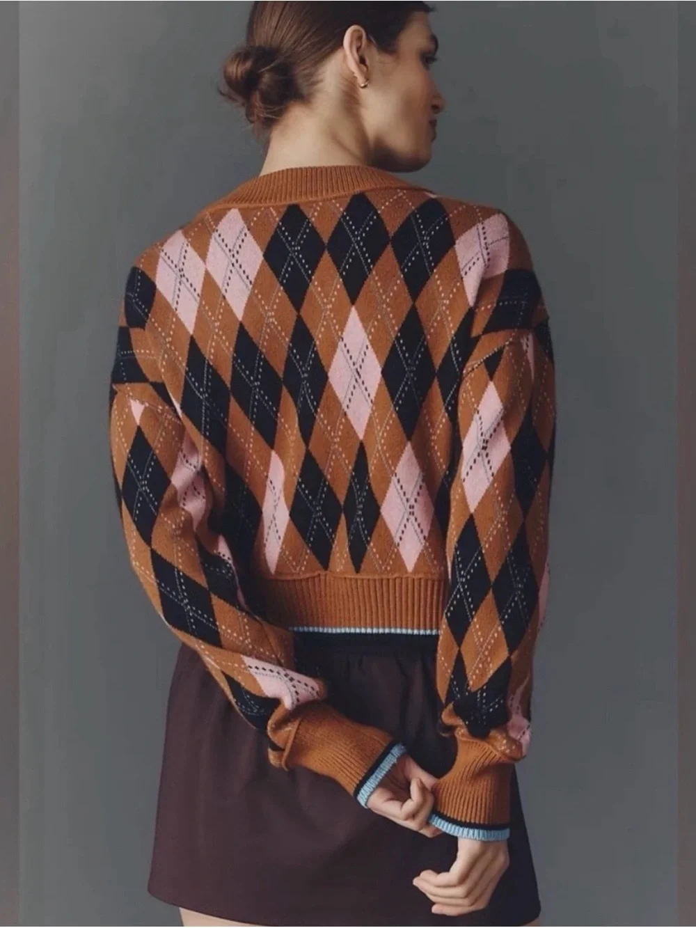 Maeve Brown Black Pink Argyle Cardigan Sweater